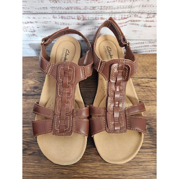 Clarks Laurieann Kay Women's T-strap brown leather sandals size 8W EUC - Picture 2 of 5